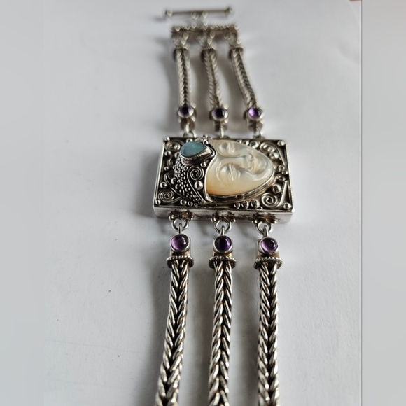 Sajan Multi-Strand Silver Carved Mother of Pearl Face Bracelet Amethys Chalcedon - Picture 4 of 5